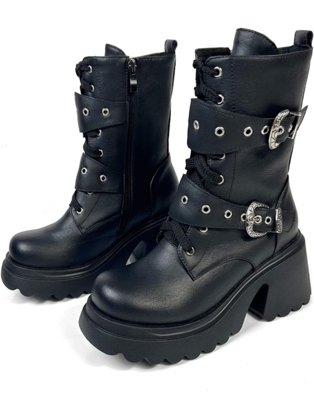 Women's Mid Calf Black Buckle Rivet Goth Block Heel Round Toe Zipper Ankle Boots